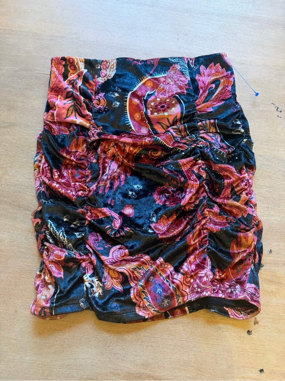 Free People Velvet Paisley Ruched Mini Skirt in Black and Pink